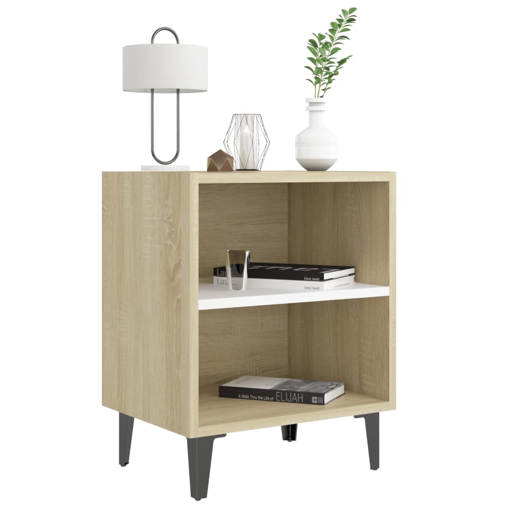 vidaXL Nachttische mit Metallbeinen 2 Stk Sonoma-Eiche Weiß 40x30x50cm