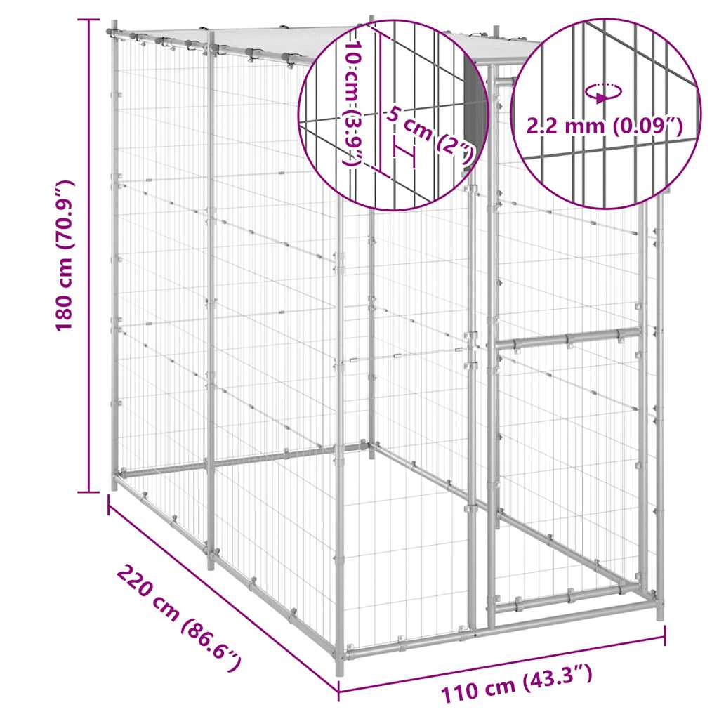 vidaXL Outdoor-Hundezwinger mit Dach Verzinkter Stahl 110x220x180 cm