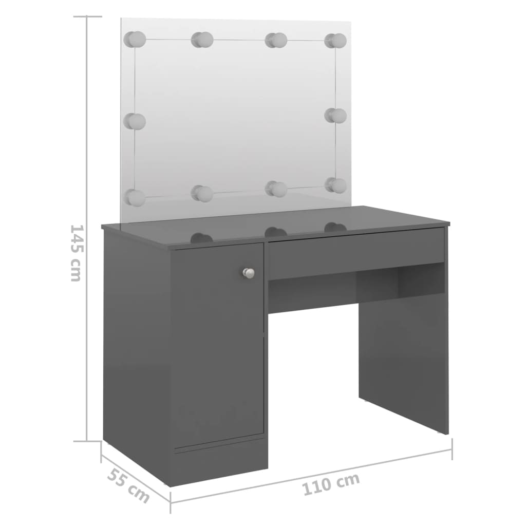vidaXL Schminktisch LED-Beleuchtung 110x55x145 cm MDF Hochglanz-Grau