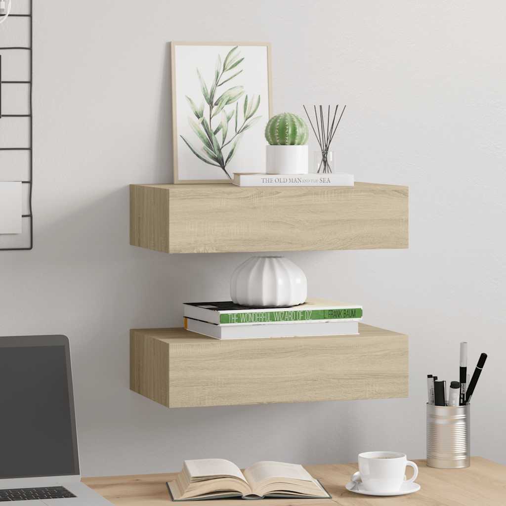 vidaXL Wandregale mit Schubladen 2 Stk. Eichen-Optik 40x23,5x10 cm MDF