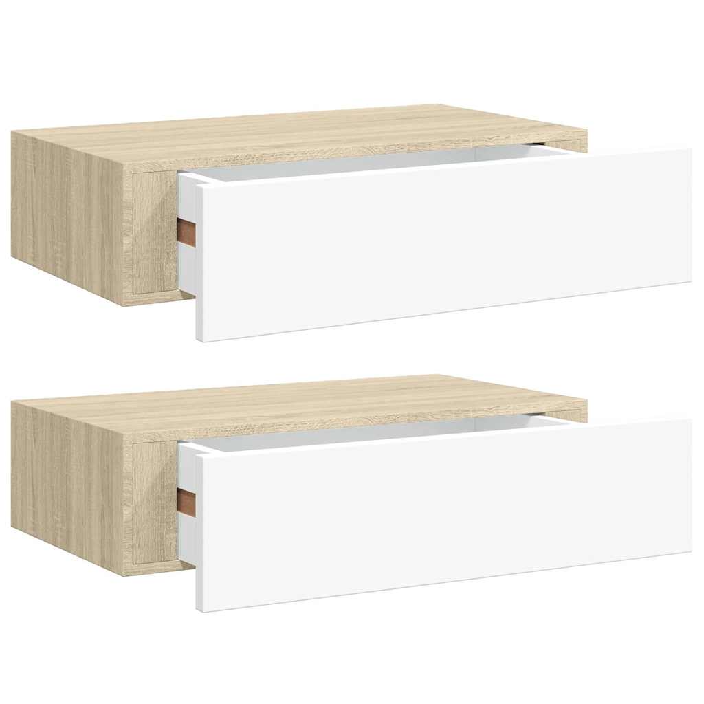 vidaXL Wandregale mit Schubladen 2 Stk. Eichen-Optik Weiß 40x23,5x10cm