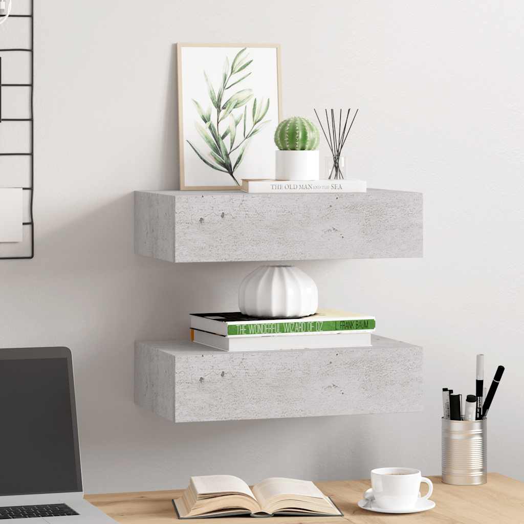 vidaXL Wandregale mit Schubladen 2 Stk. Betongrau 40x23,5x10 cm MDF
