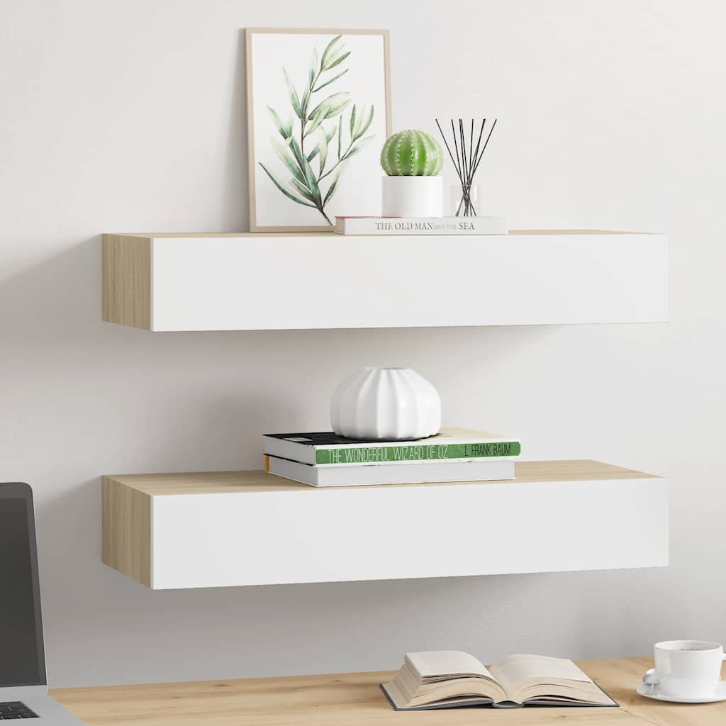 vidaXL Wandschubladenregale 2 Stk. Eiche und Weiß 60x23,5x10cm MDF