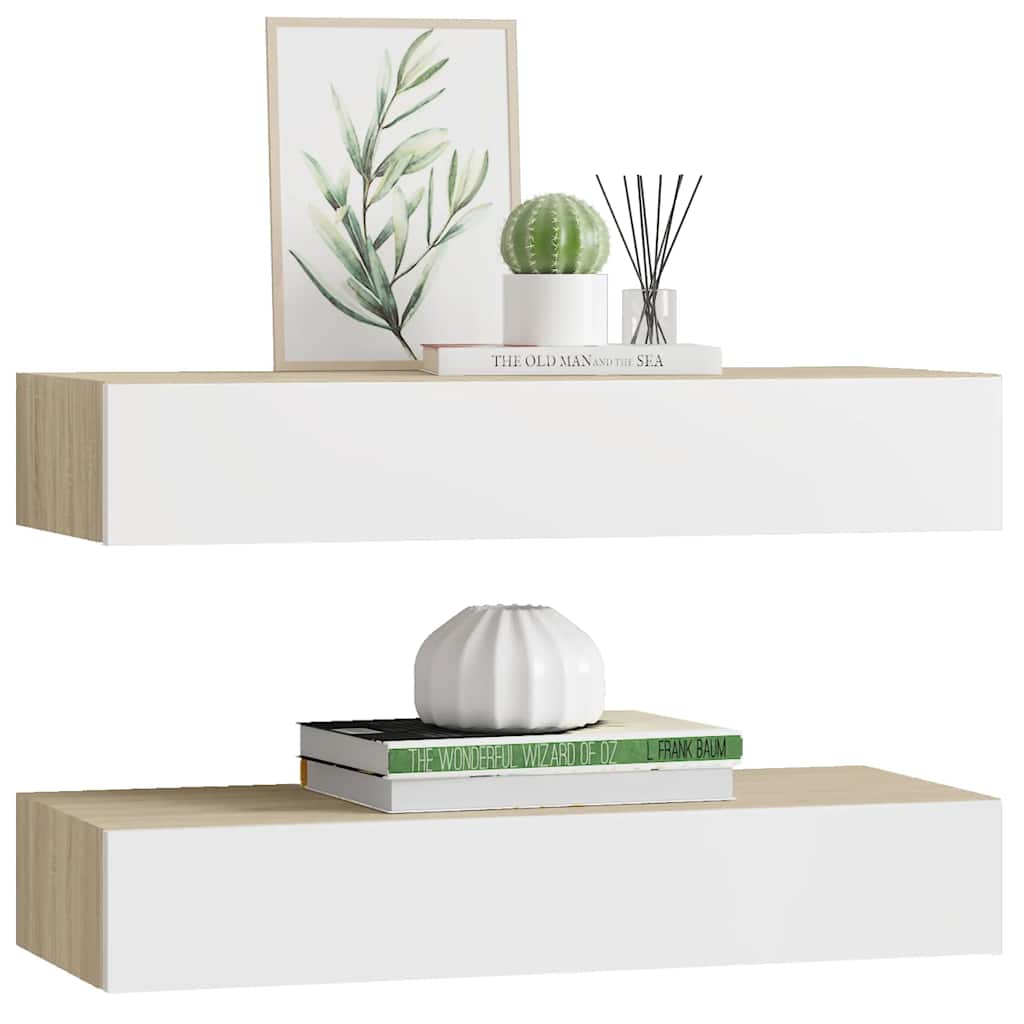 vidaXL Wandschubladenregale 2 Stk. Eiche und Weiß 60x23,5x10cm MDF