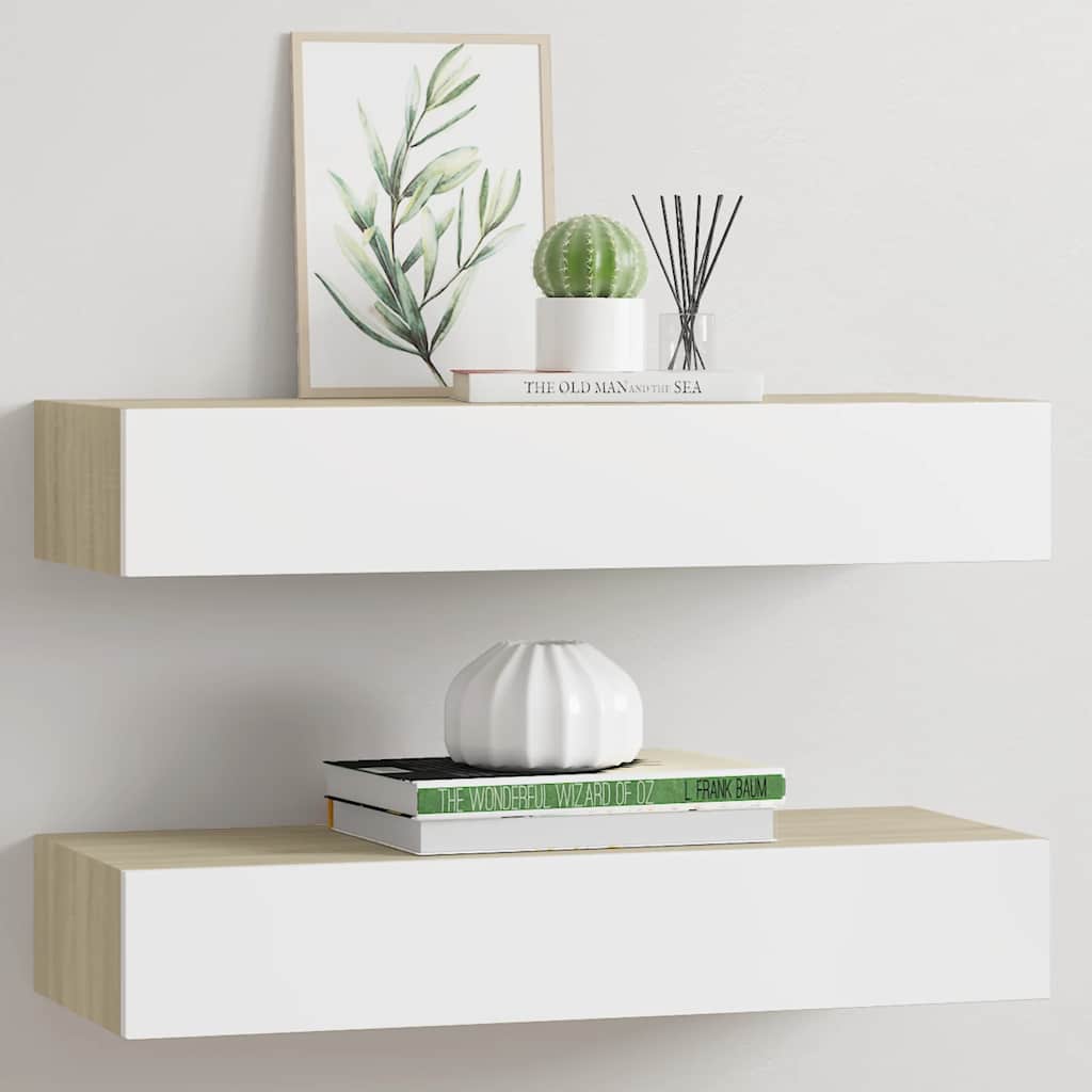 vidaXL Wandschubladenregale 2 Stk. Eiche und Weiß 60x23,5x10cm MDF