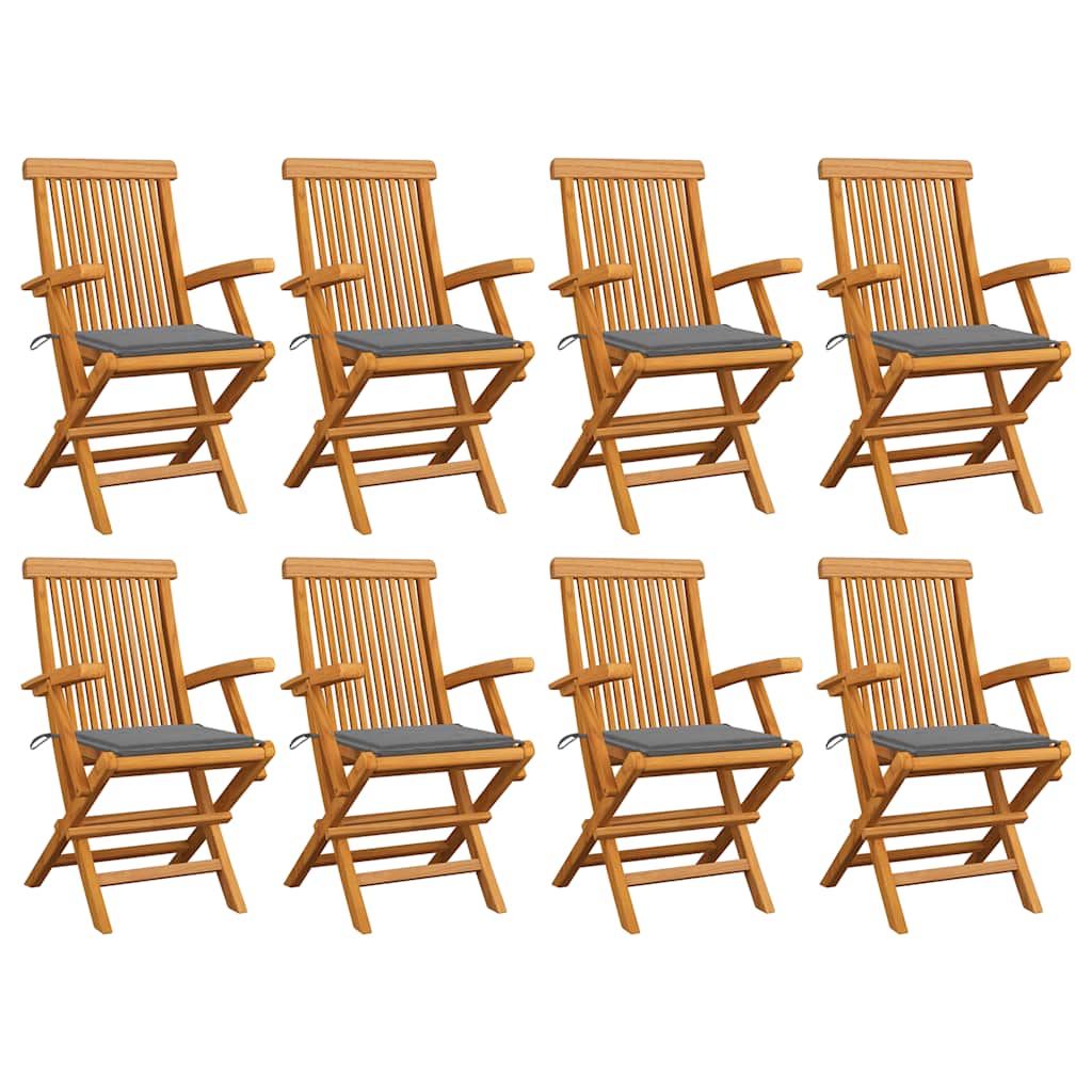 vidaXL Gartenstühle mit Grauen Kissen 8 Stk. Massivholz Teak