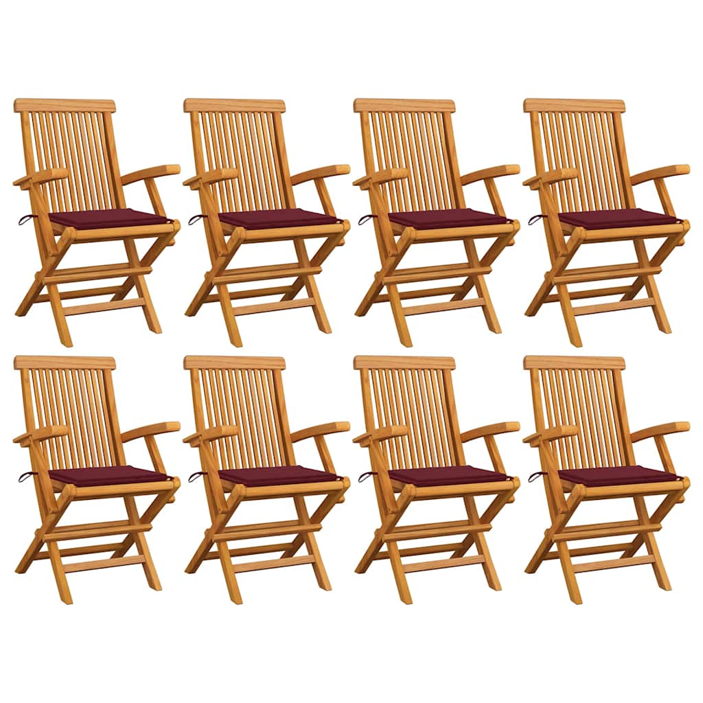 vidaXL Gartenstühle mit Weinroten Kissen 8 Stk. Massivholz Teak