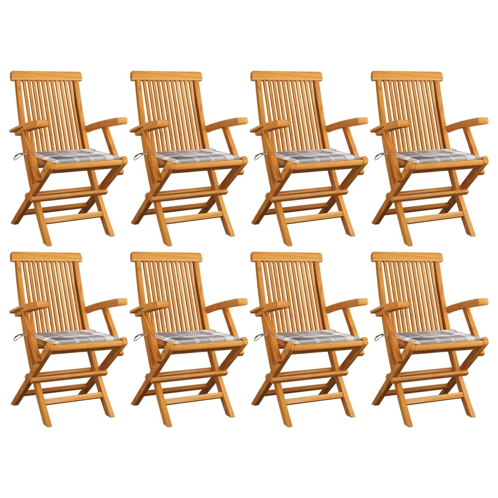 vidaXL Gartenstühle Graue Karomuster-Kissen 8 Stk. Massivholz Teak
