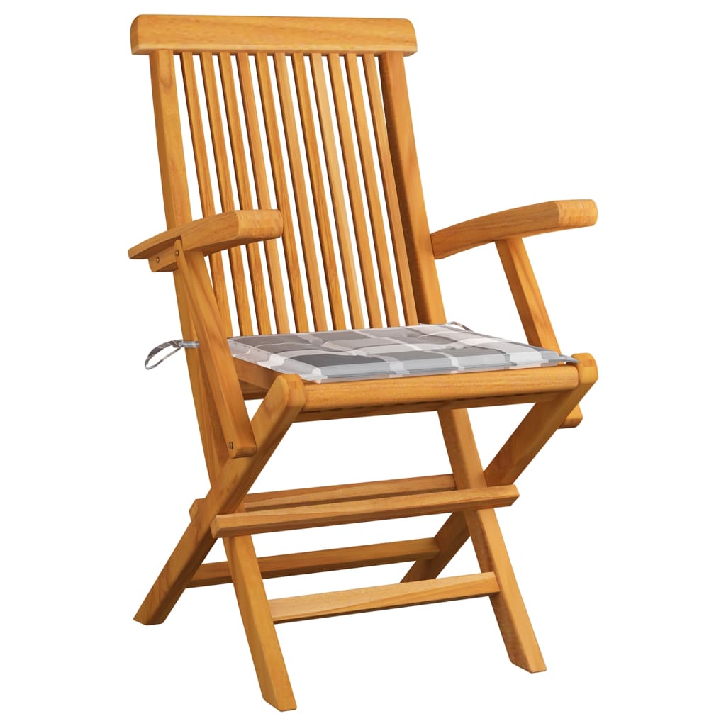 vidaXL Gartenstühle Graue Karomuster-Kissen 8 Stk. Massivholz Teak