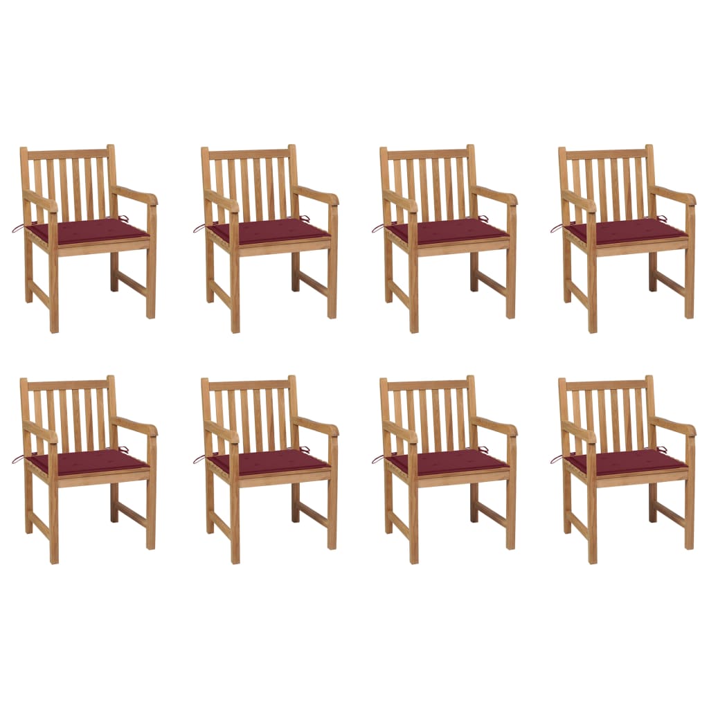 vidaXL Gartenstühle 8 Stk. mit Weinroten Kissen Massivholz Teak