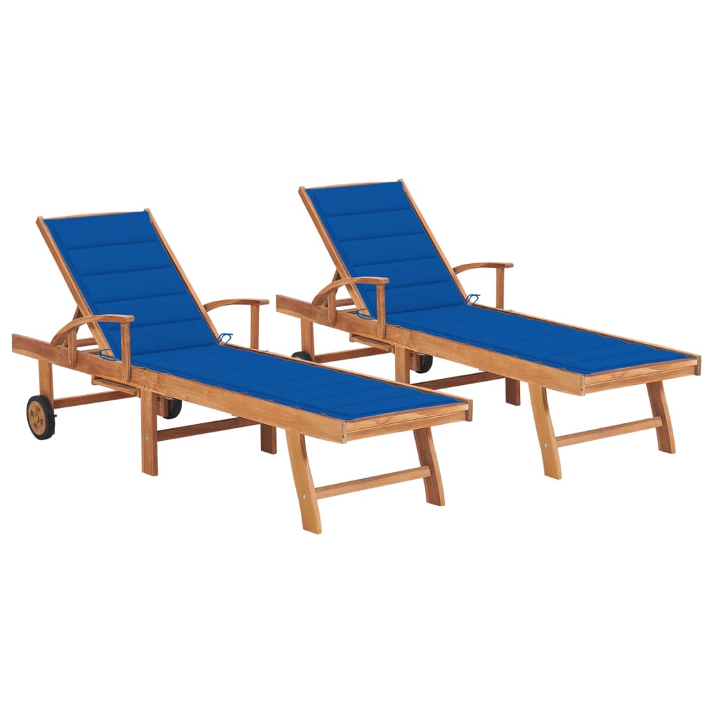 vidaXL Sonnenliegen 2 Stk. mit Auflagen Königsblau Massivholz Teak