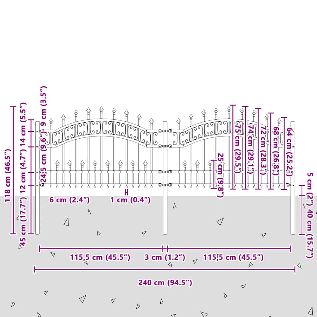 vidaXL Gartenzaun KAMPEN mit Speerspitze Schwarz 240 x 75 cm Stahl