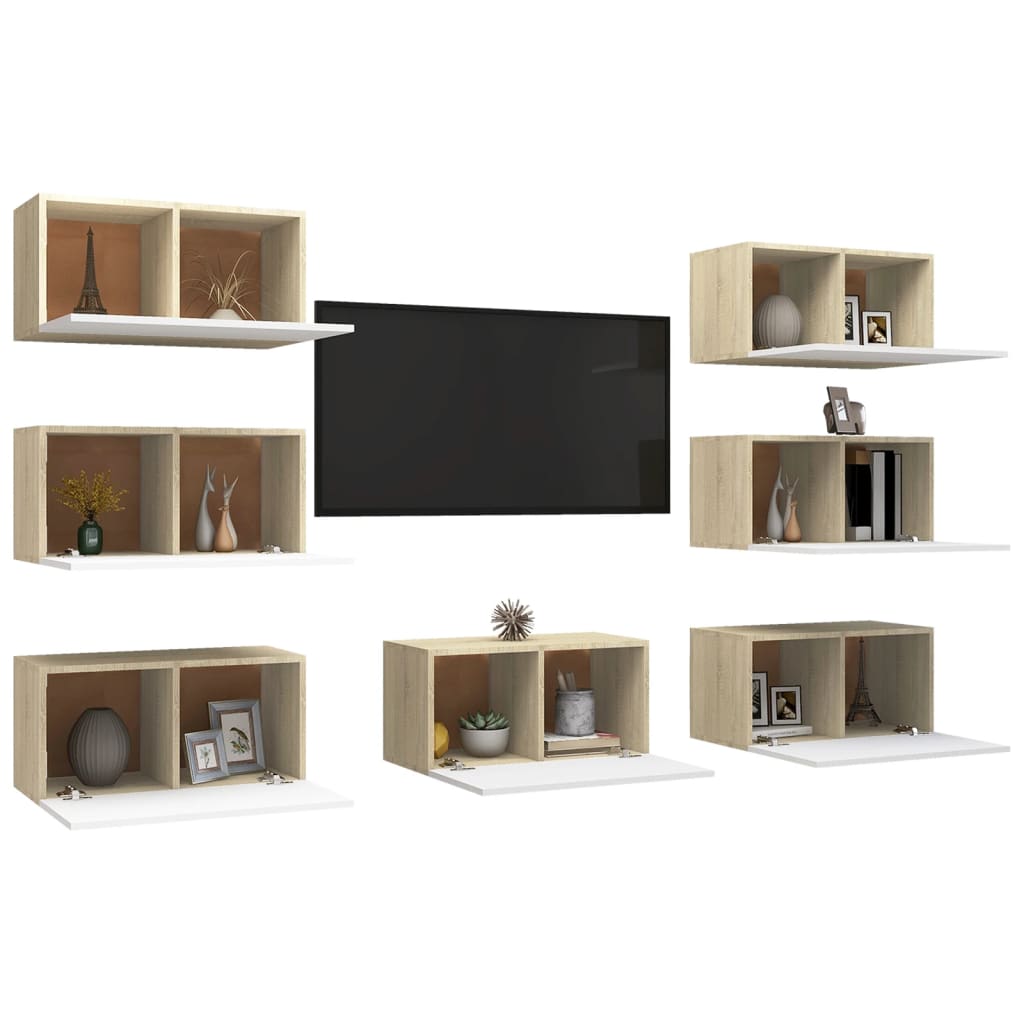 vidaXL TV-Schränke 7 Stk. Weiß Sonoma-Eiche 30,5x30x60cm Holzwerkstoff