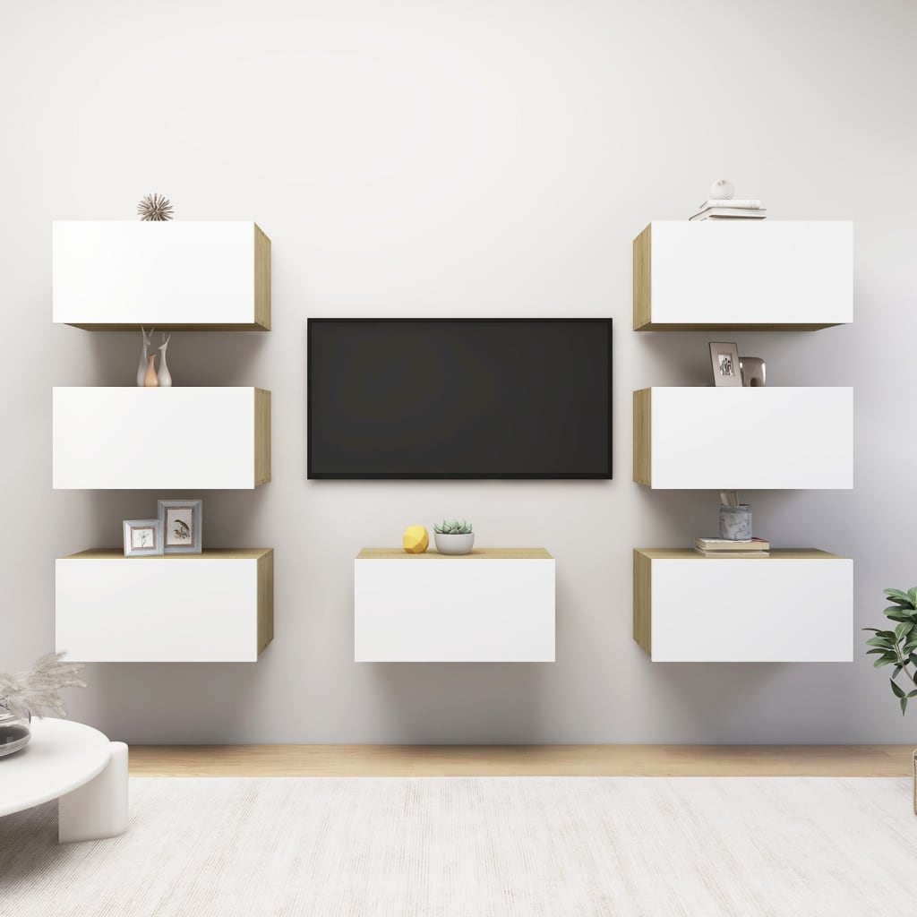 vidaXL TV-Schränke 7 Stk. Weiß Sonoma-Eiche 30,5x30x60cm Holzwerkstoff