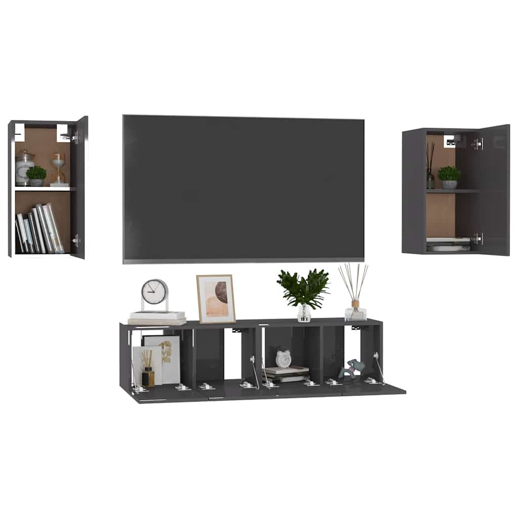 vidaXL 4-tlg. TV-Schrank-Set Hochglanz-Grau Holzwerkstoff