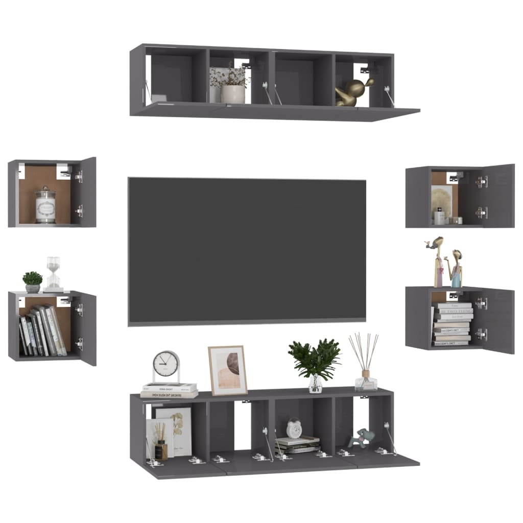 vidaXL 8-tlg. TV-Schrank-Set Hochglanz-Grau Holzwerkstoff