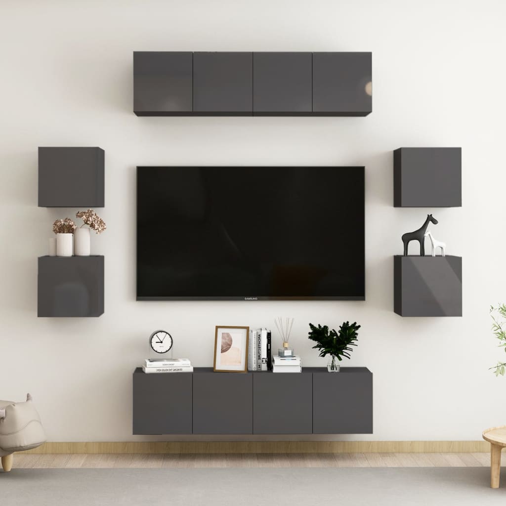 vidaXL 8-tlg. TV-Schrank-Set Hochglanz-Grau Holzwerkstoff