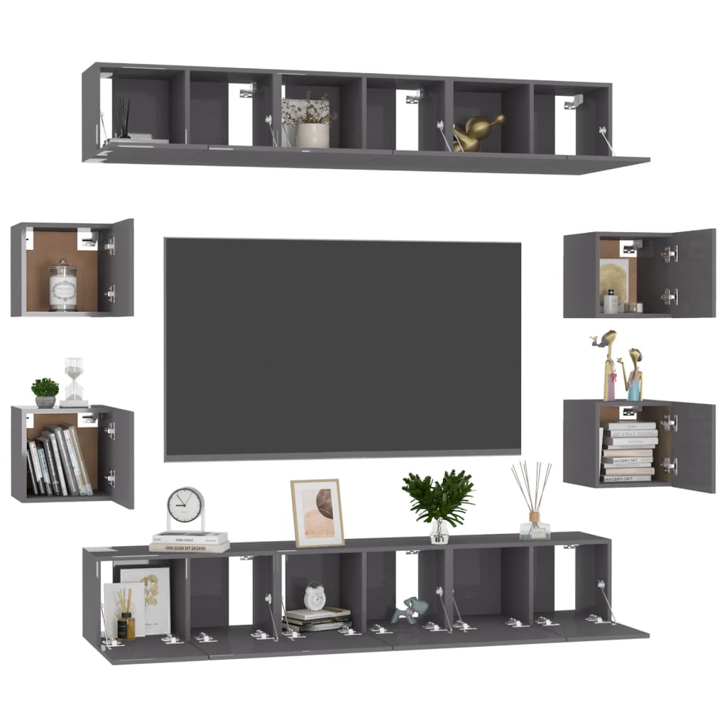 vidaXL 10-tlg. TV-Schrank-Set Hochglanz-Grau Holzwerkstoff