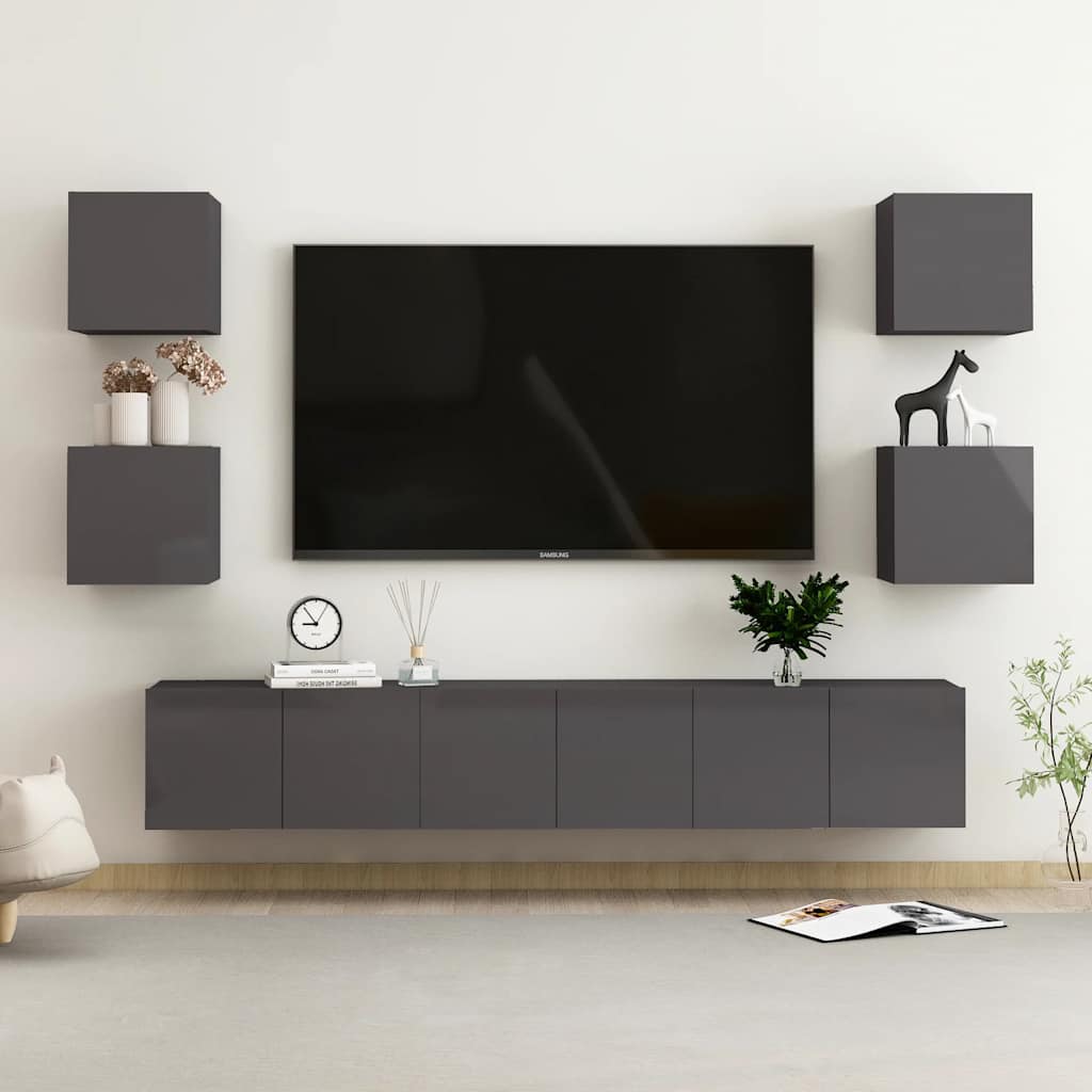 vidaXL 7-tlg. TV-Schrank-Set Hochglanz-Grau Holzwerkstoff