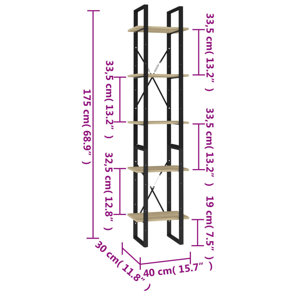 vidaXL Bücherregal 5 Fächer Sonoma-Eiche 40x30x175 cm Holzwerkstoff