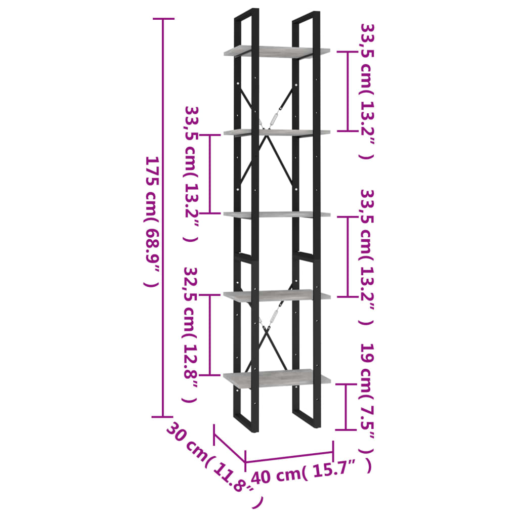vidaXL Bücherregal 5 Fächer Betongrau 40x30x175 cm Holzwerkstoff