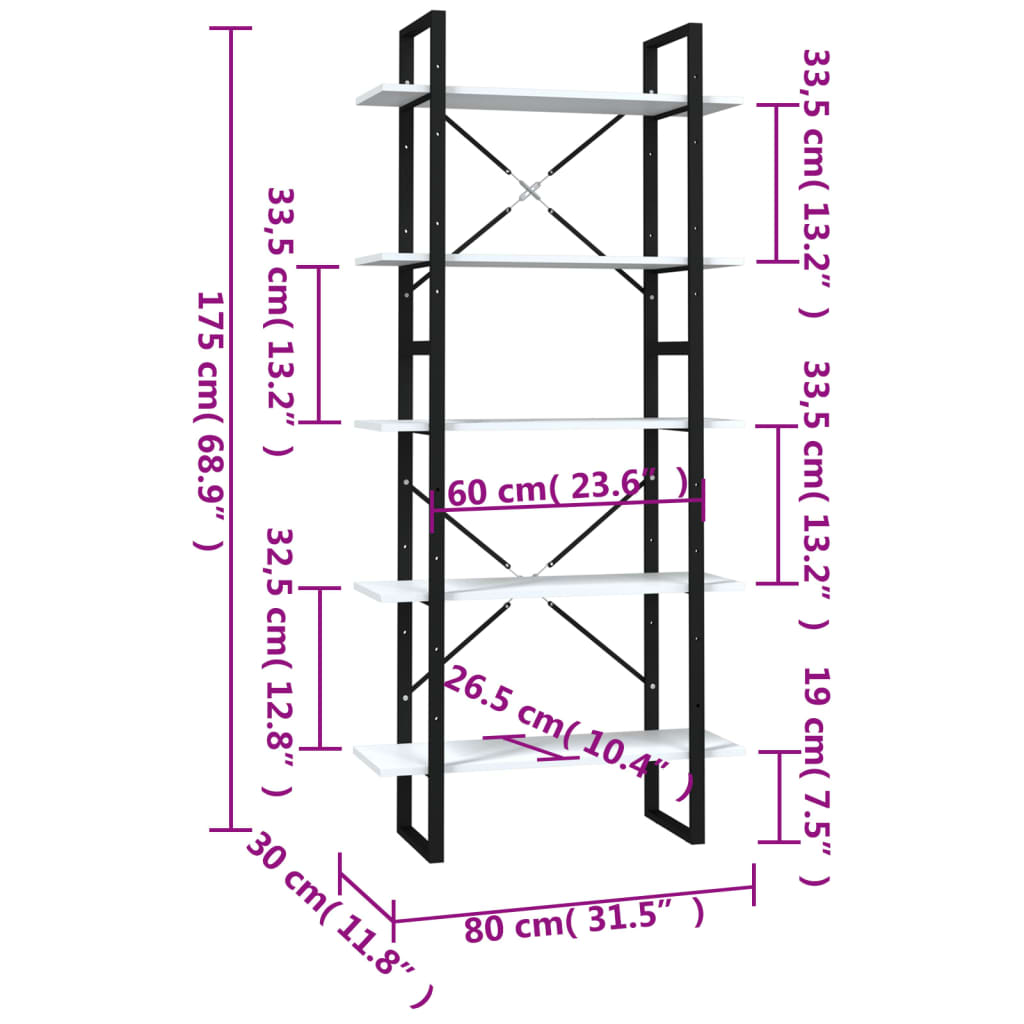 vidaXL Bücherregal 5 Fächer Weiß 80x30x175 cm Holzwerkstoff
