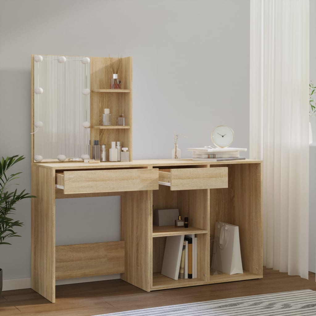 vidaXL LED-Schminktisch mit Schrank Sonoma-Eiche Holzwerkstoff