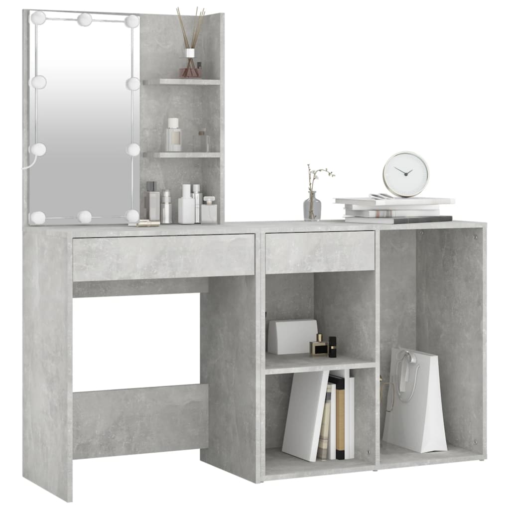vidaXL LED-Schminktisch mit Schrank Betongrau Holzwerkstoff