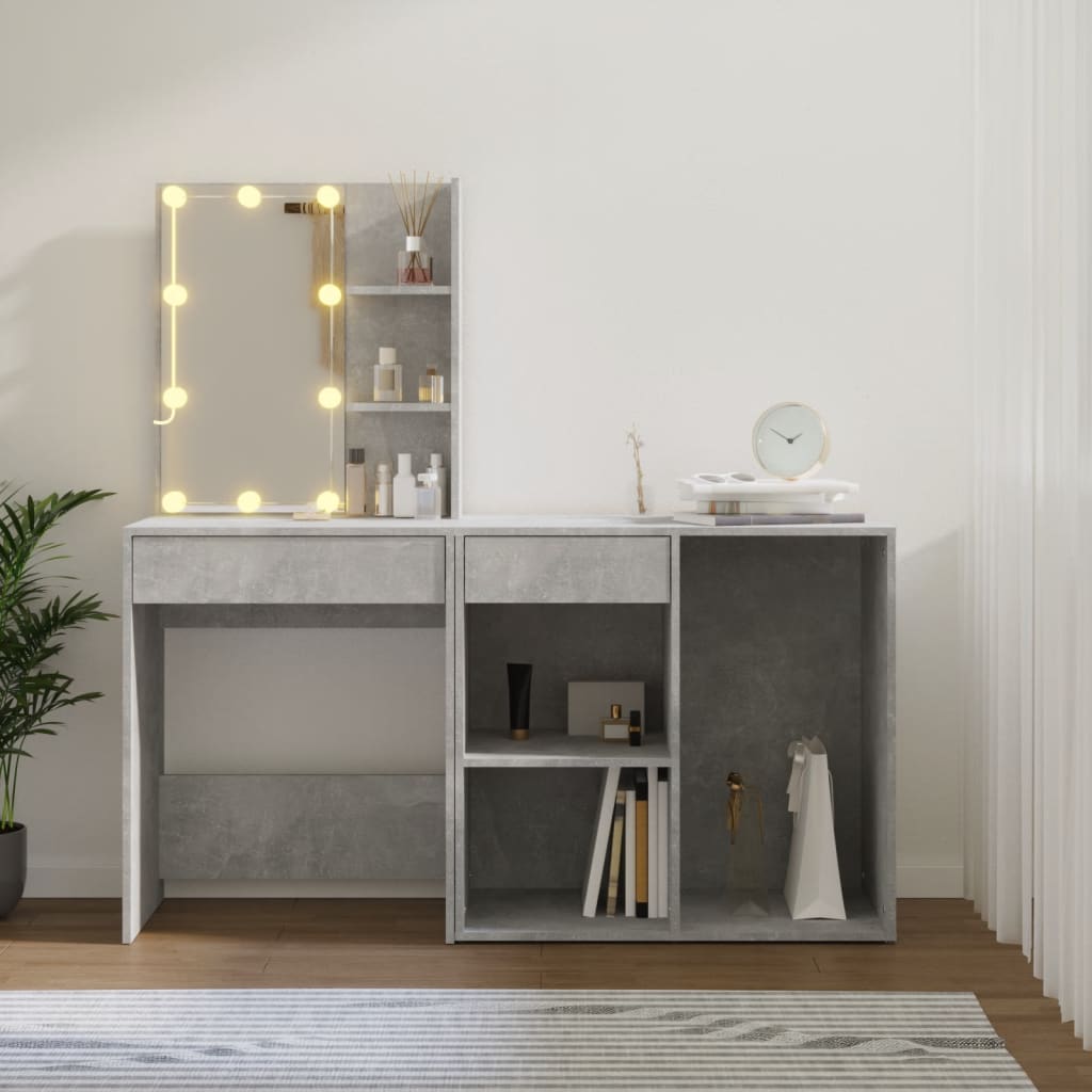 vidaXL LED-Schminktisch mit Schrank Betongrau Holzwerkstoff