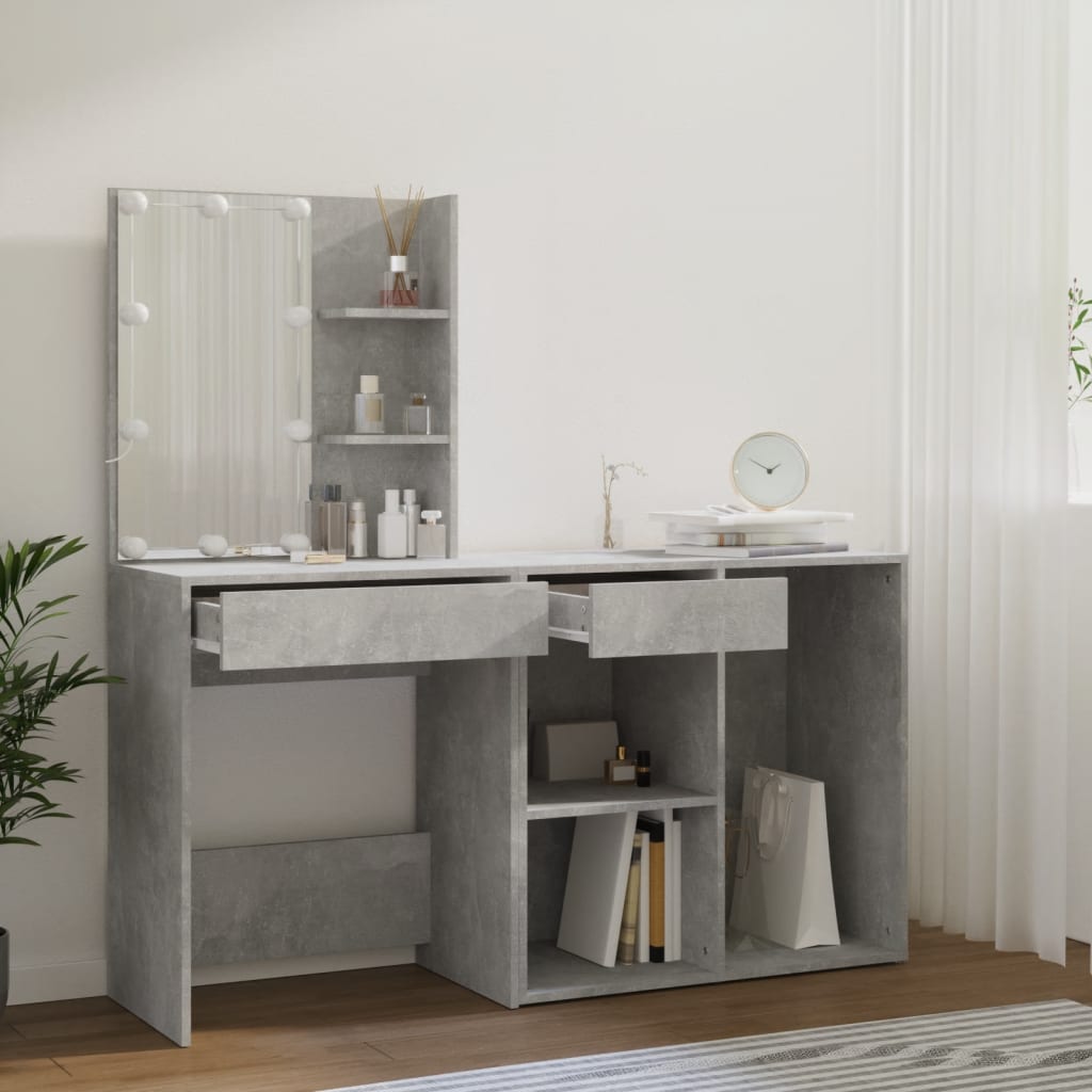 vidaXL LED-Schminktisch mit Schrank Betongrau Holzwerkstoff