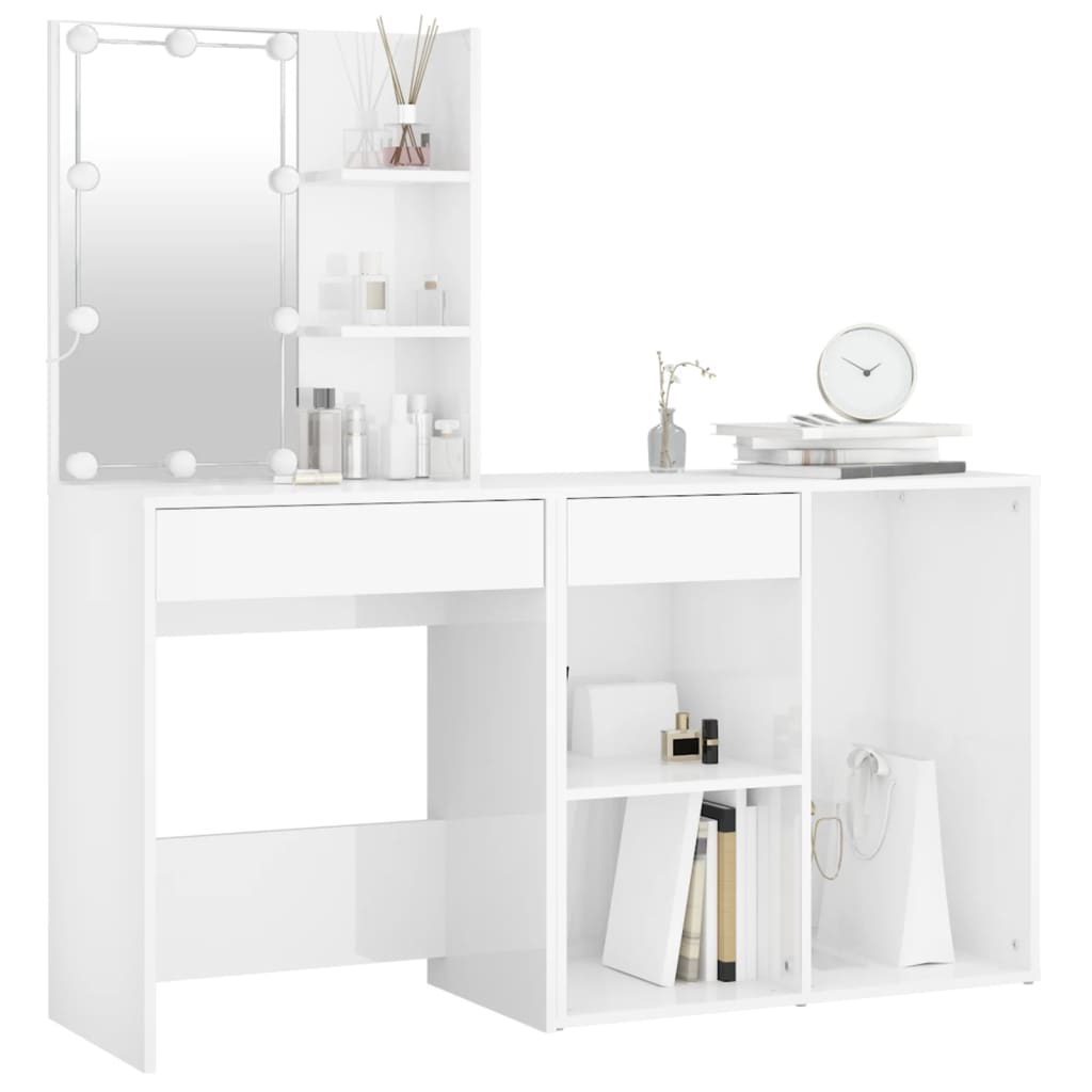 vidaXL LED-Schminktisch mit Schrank Hochglanz-Weiß Holzwerkstoff