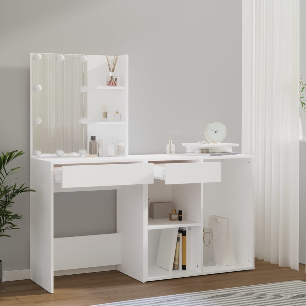 vidaXL LED-Schminktisch mit Schrank Hochglanz-Weiß Holzwerkstoff