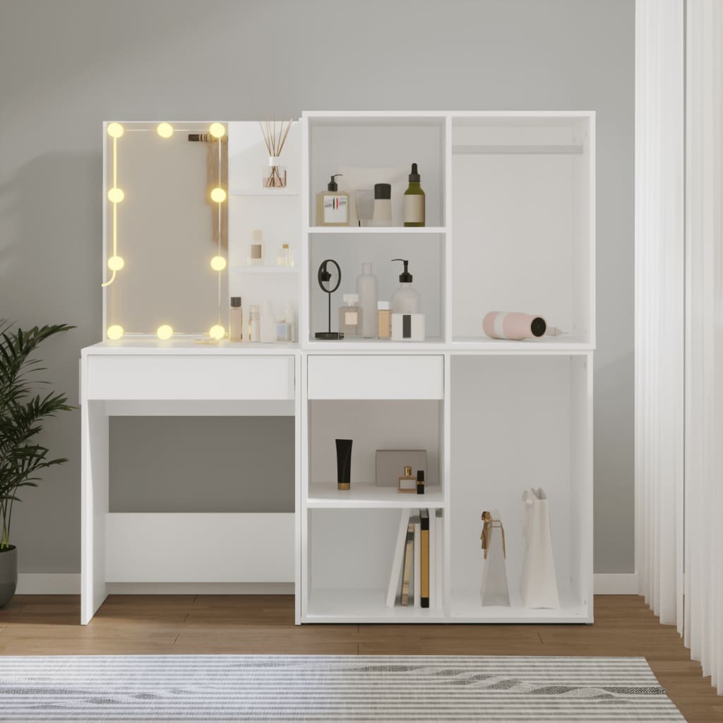 vidaXL LED-Schminktisch mit 2 Schränken Weiß Holzwerkstoff