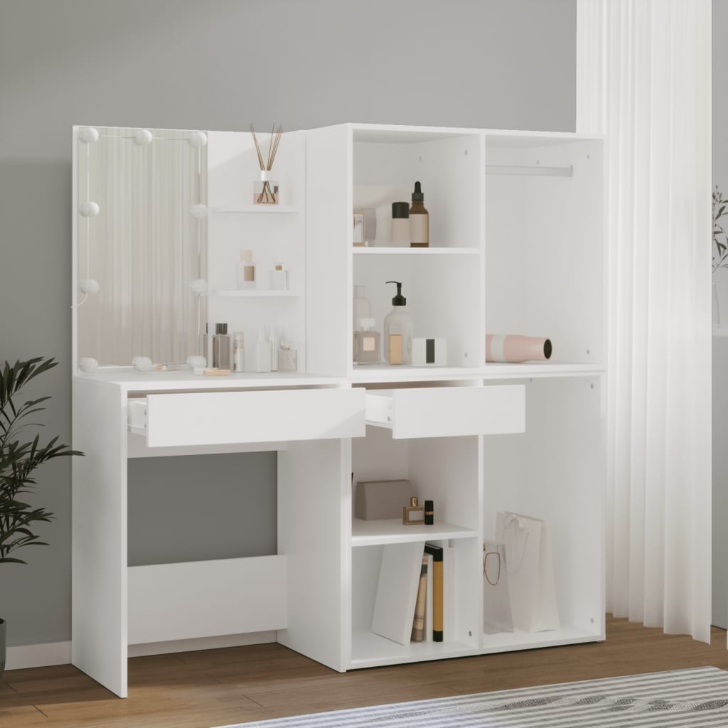 vidaXL LED-Schminktisch mit 2 Schränken Weiß Holzwerkstoff