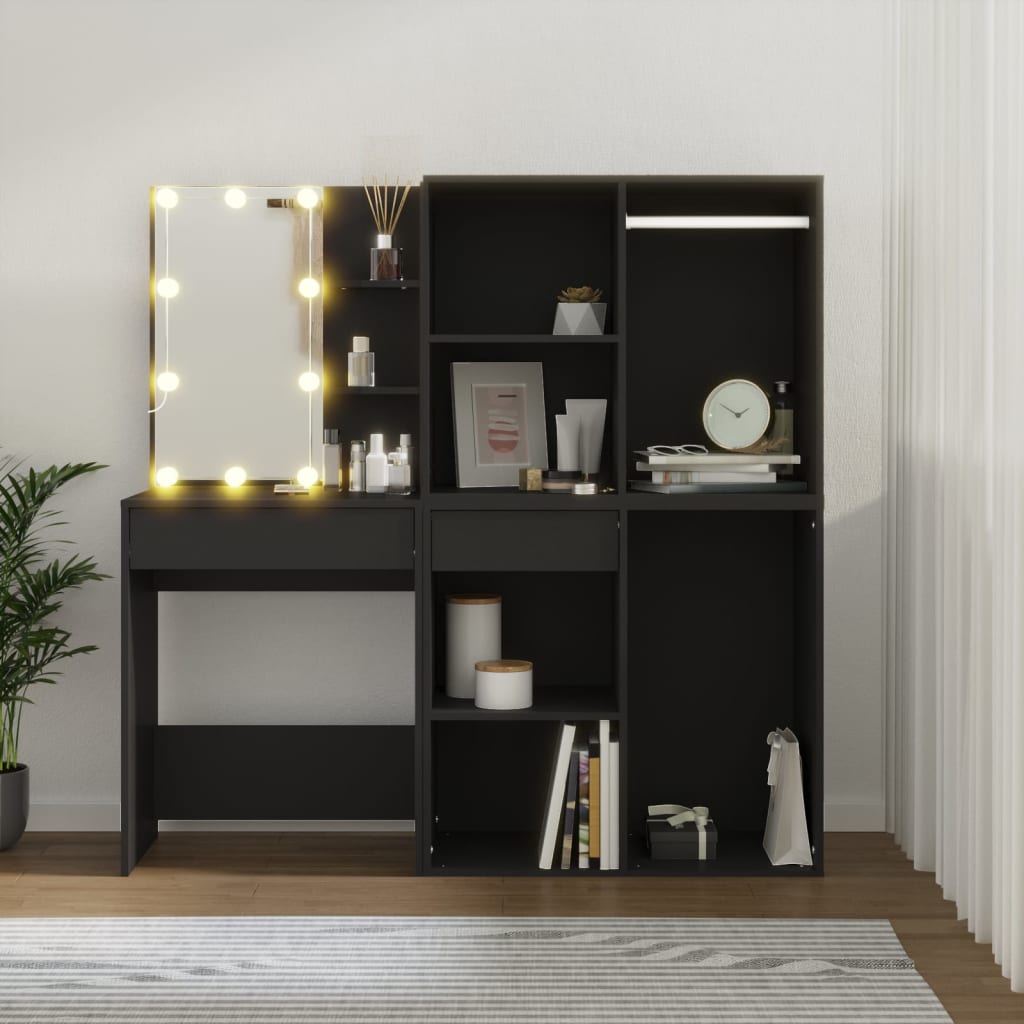 vidaXL LED-Schminktisch mit Schränken Schwarz Holzwerkstoff