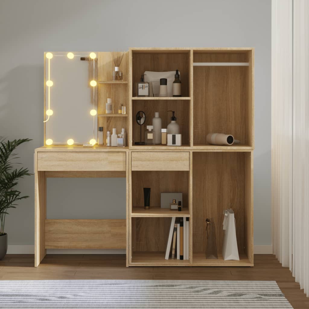 vidaXL LED-Schminktisch mit 2 Schränken Sonoma-Eiche Holzwerkstoff