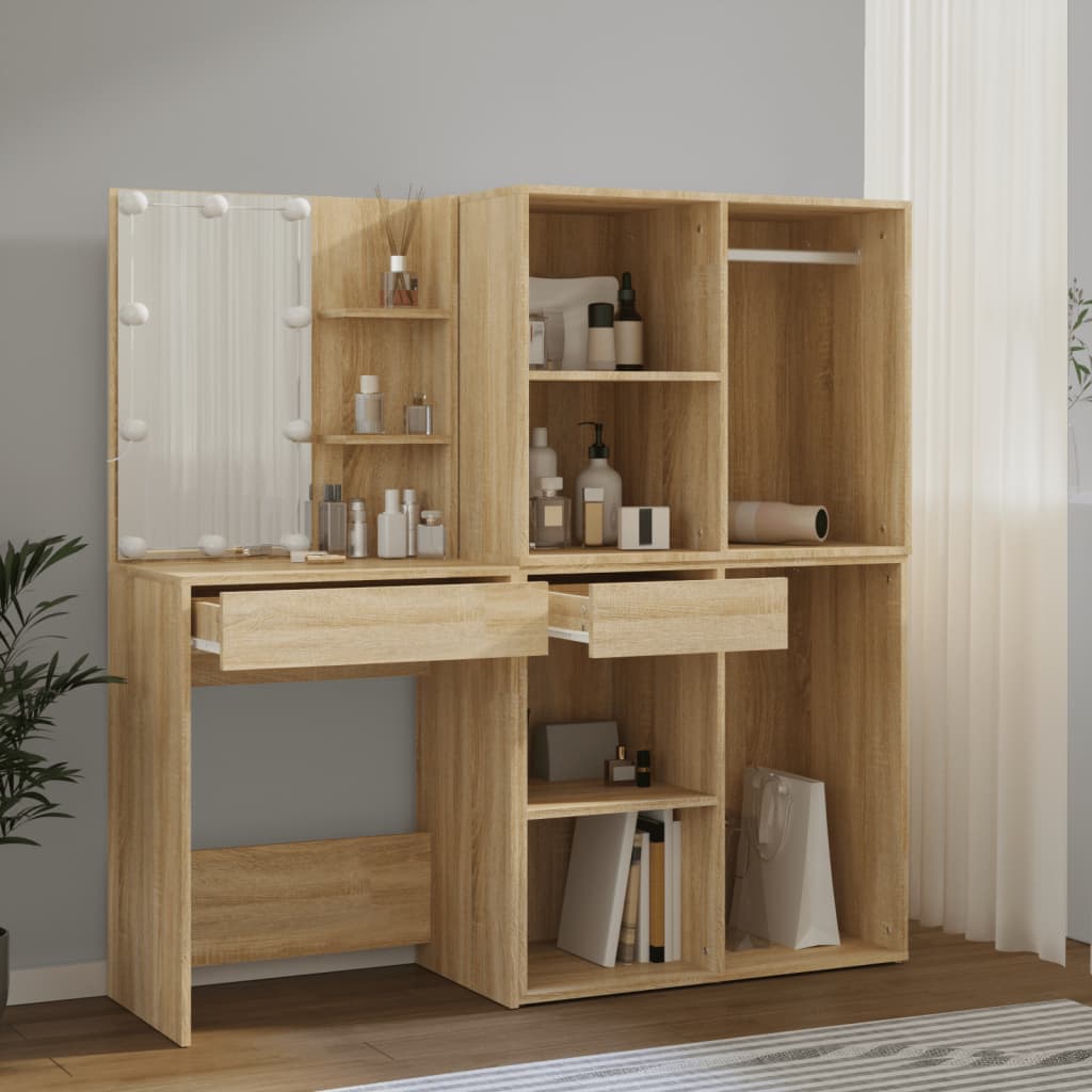 vidaXL LED-Schminktisch mit 2 Schränken Sonoma-Eiche Holzwerkstoff