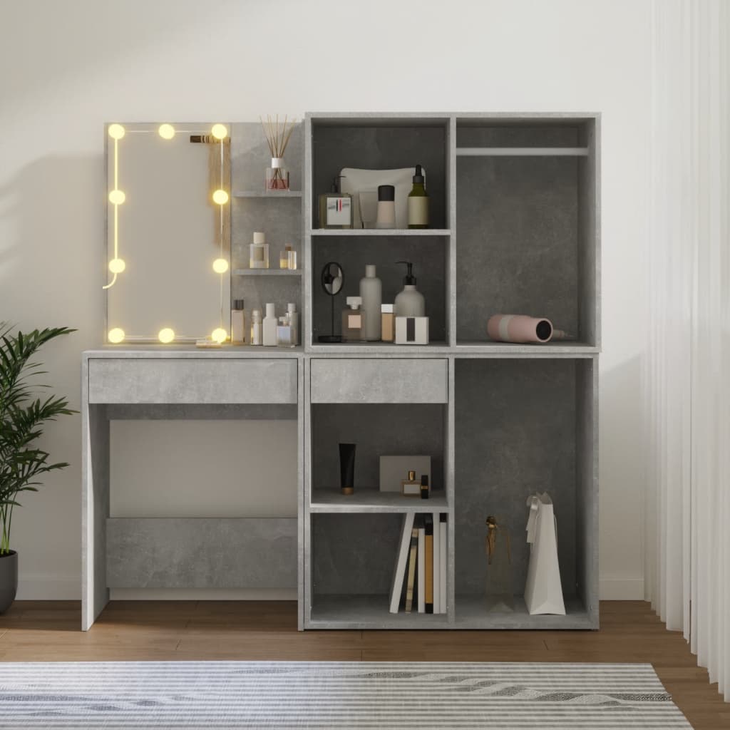 vidaXL LED-Schminktisch mit 2 Schränken Betongrau Holzwerkstoff