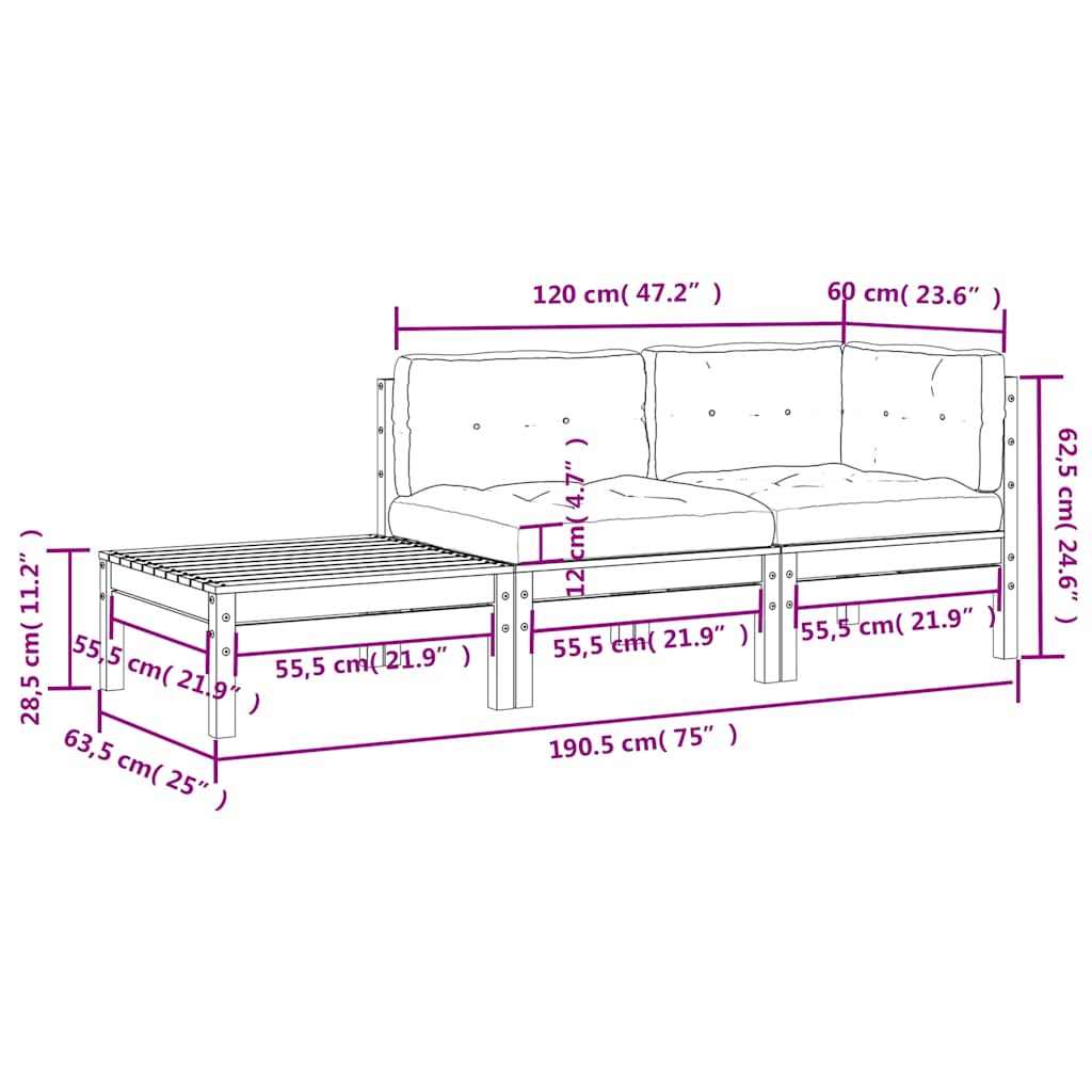 vidaXL 3-tlg. Garten-Lounge-Set mit Kissen in Grau Kiefer Massivholz