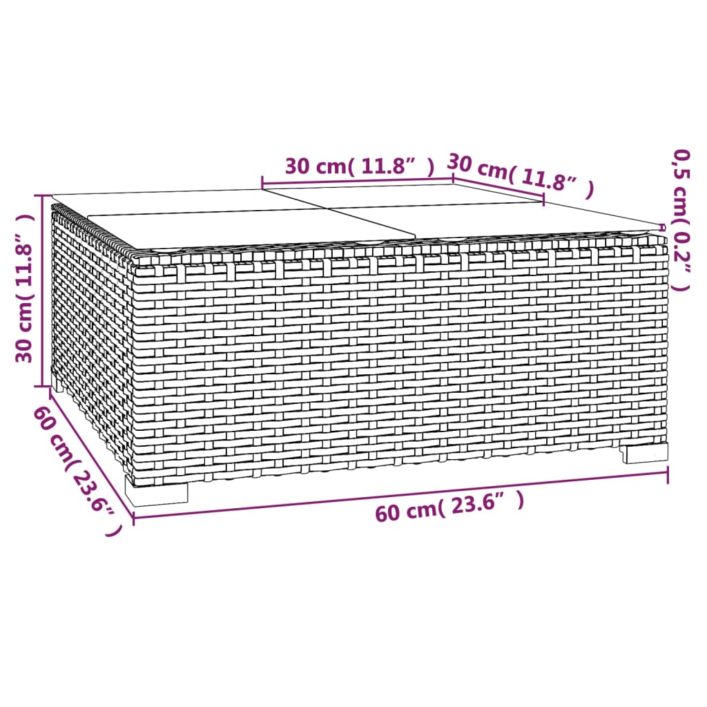 vidaXL Garten-Couchtisch Braun 60x60x30 cm Poly Rattan und Glas