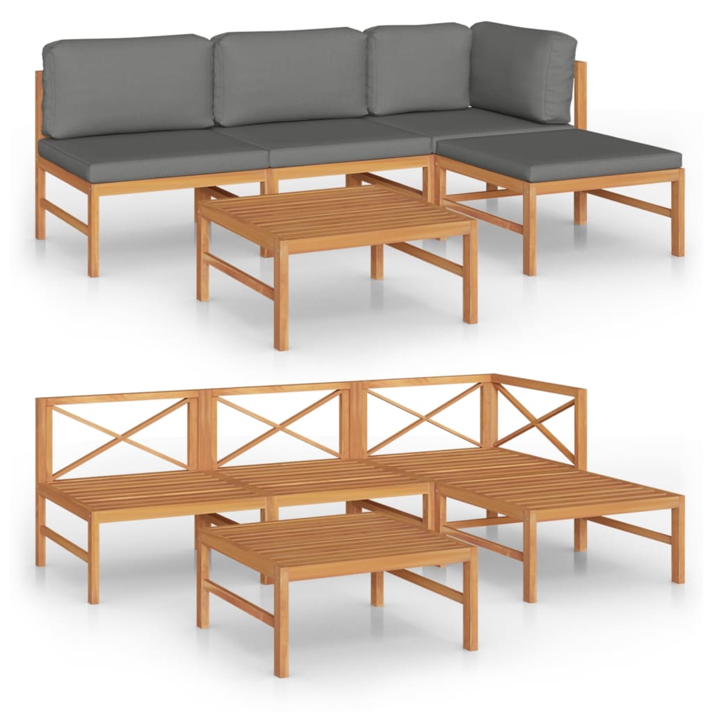 vidaXL 5-tlg. Garten-Lounge-Set mit Grauen Kissen Massivholz Teak