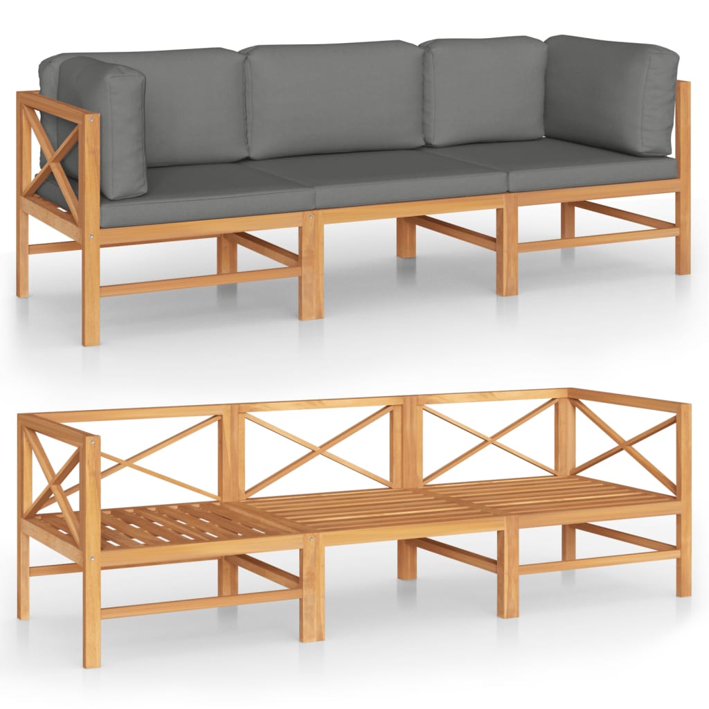 vidaXL 3-Sitzer-Gartensofa mit Grauen Kissen Massivholz Teak