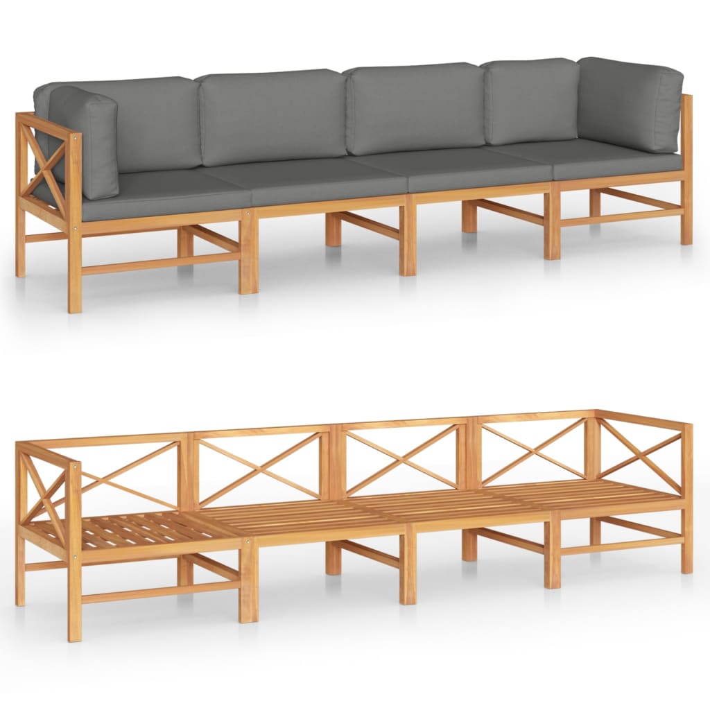 vidaXL 4-Sitzer-Gartensofa mit Grauen Kissen Massivholz Teak