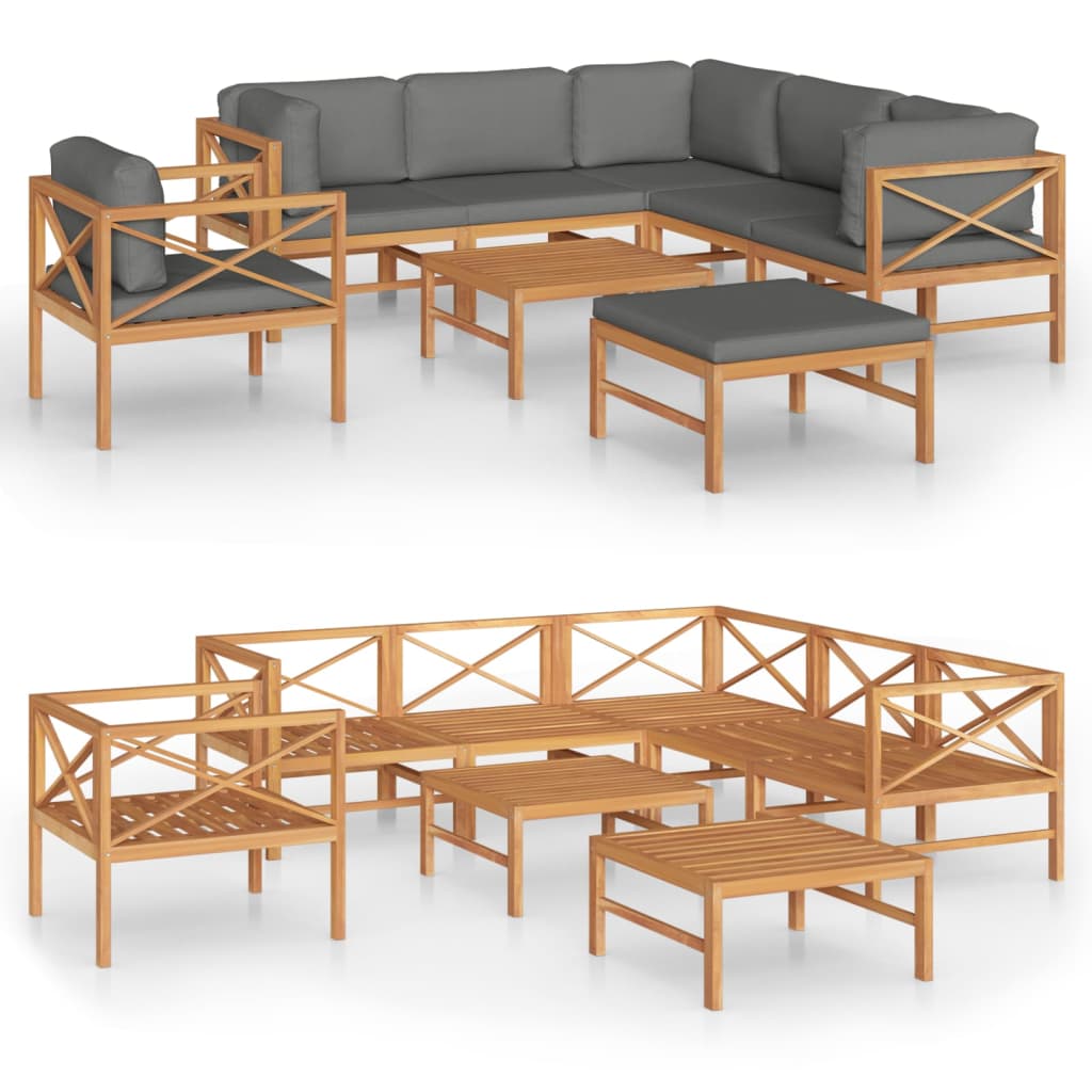 vidaXL 8-tlg. Garten-Lounge-Set mit Grauen Kissen Massivholz Teak