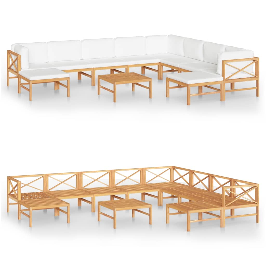 vidaXL 11-tlg. Garten-Lounge-Set mit Creme Kissen Massivholz Teak