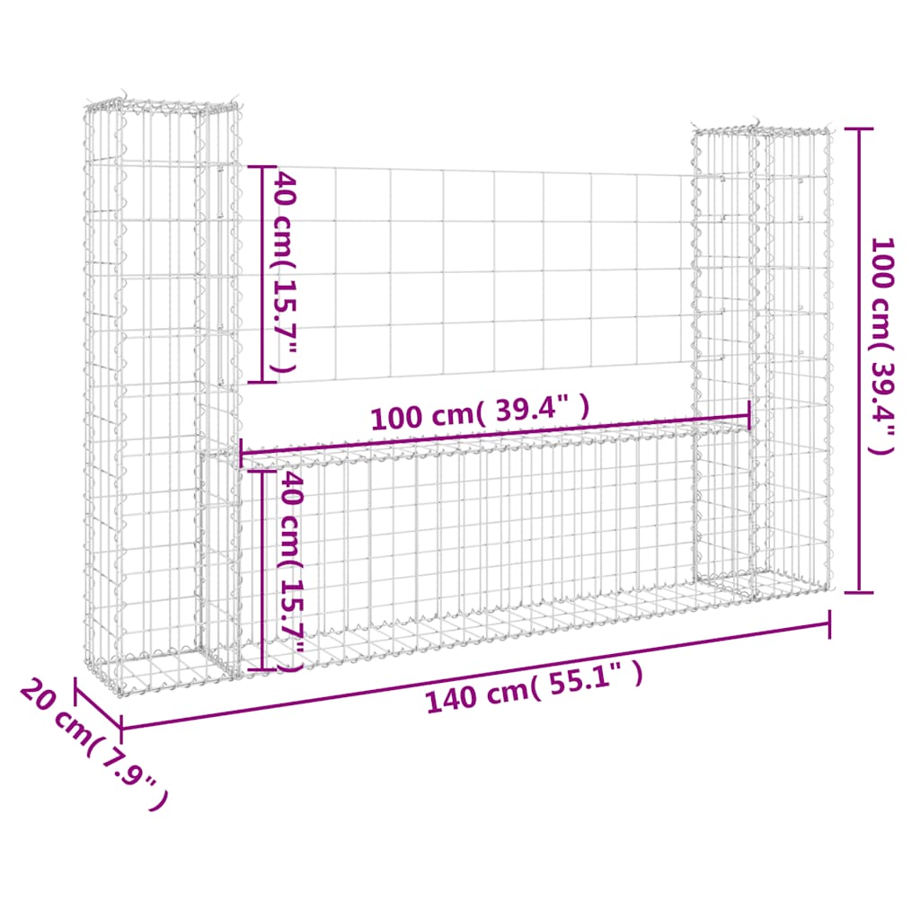 vidaXL Gabionenkorb U-Form mit 2 Säulen Eisen 140x20x100 cm