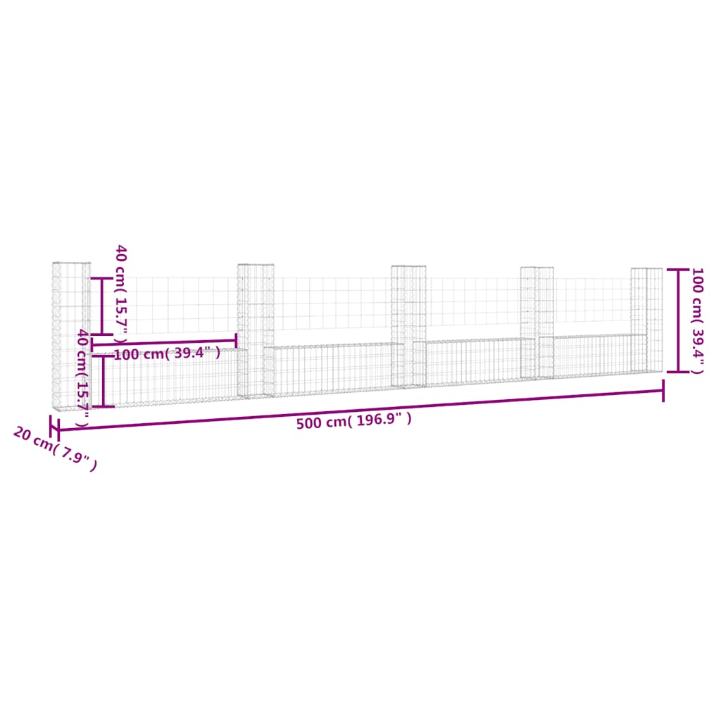 vidaXL Gabionenkorb U-Form mit 5 Säulen Eisen 500x20x100 cm