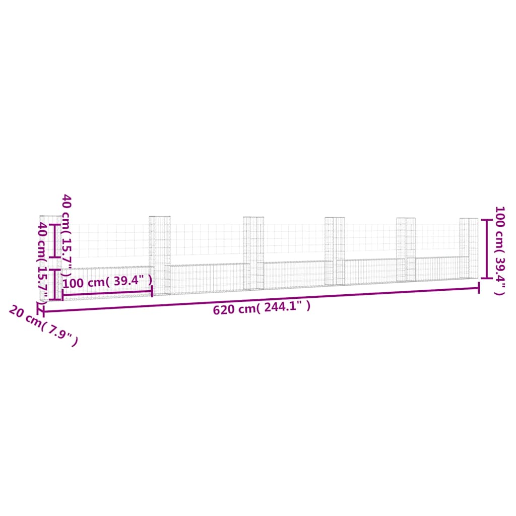 vidaXL Gabionenkorb U-Form mit 6 Säulen Eisen 620x20x100 cm