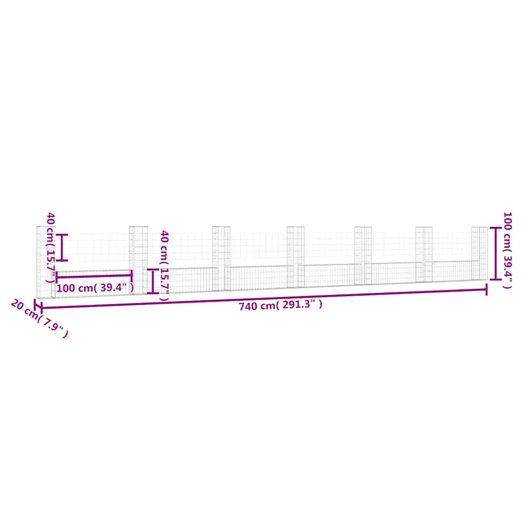 vidaXL Gabionenkorb U-Form mit 7 Säulen Eisen 740x20x100 cm