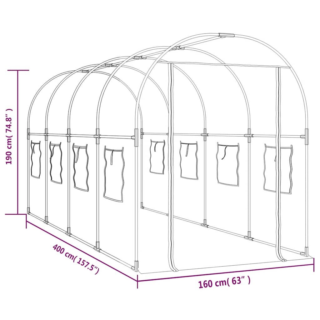 vidaXL Gewächshaus Transparent 160x400x190 cm PVC & Stahl